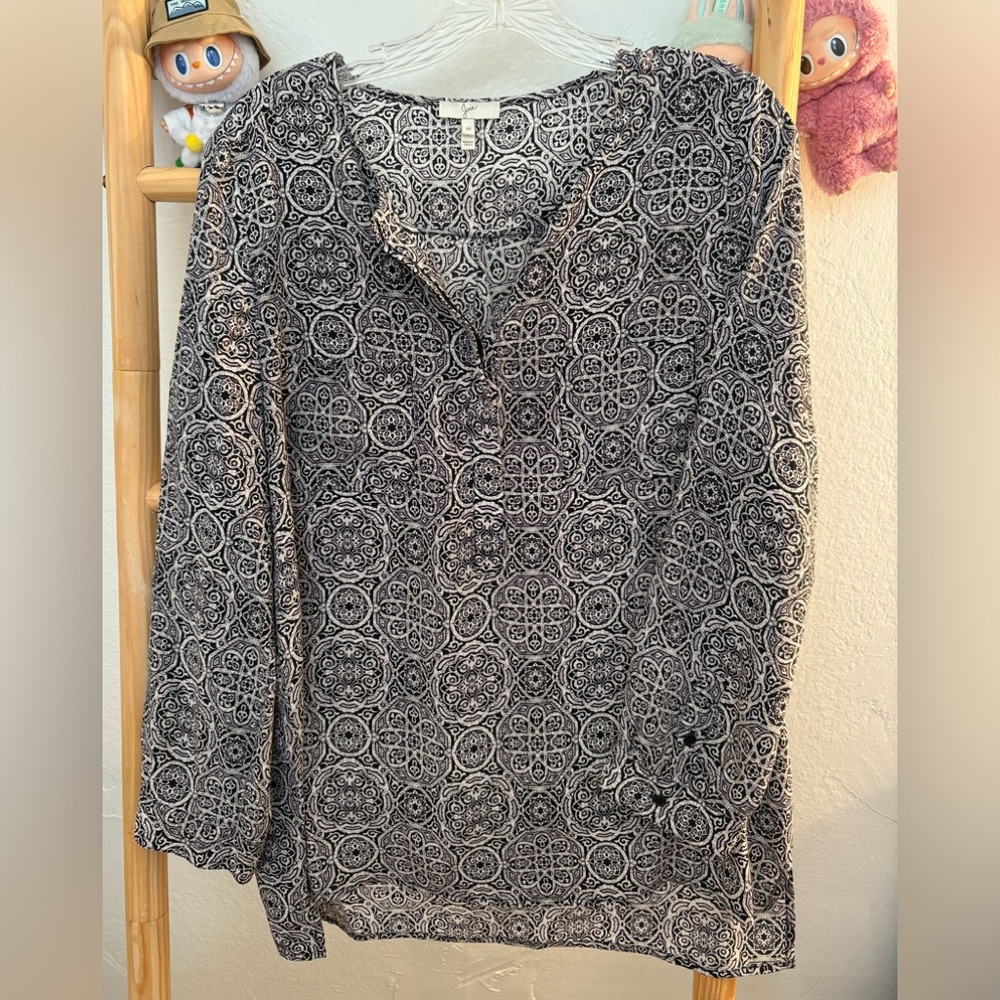 Joie Gray Buttoned Blouse with Mandarin Collar